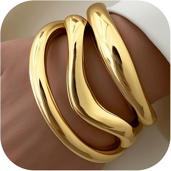 iF YOU Chunky Gold Bangle Bracelets for Women, 14k Gold Plated Multi Layer Stackable Cuff Bracelet Set, Trendy Statement Bracelet Stack Jewelry Gifts