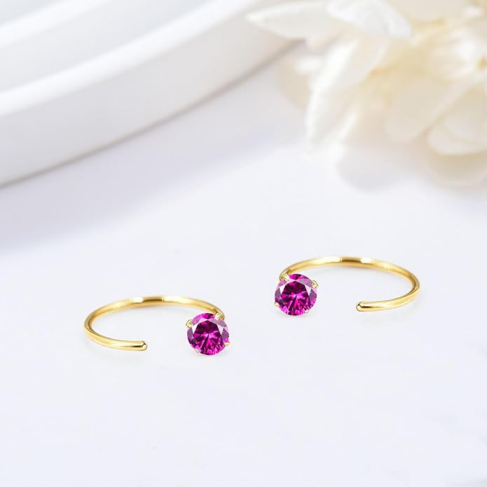 14K Gold Birthstone Huggie Half Hoop Earrings for Women,Round-cut Created Gemstone Minimalist Tiny Earring(4MM*2) Anniversary Birthday Mother's Day Jewelry for Mom Her