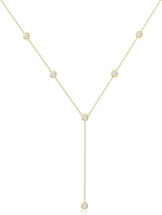 Foxgirl Lariat Gold Necklace for Women, Dainty Long Necklace 14k Gold Plated/Silver Y-Shaped Pendant Necklace Trendy Layered Cz Beaded Chain Drop Necklaces Simple Gold Jewelry For Women Gift