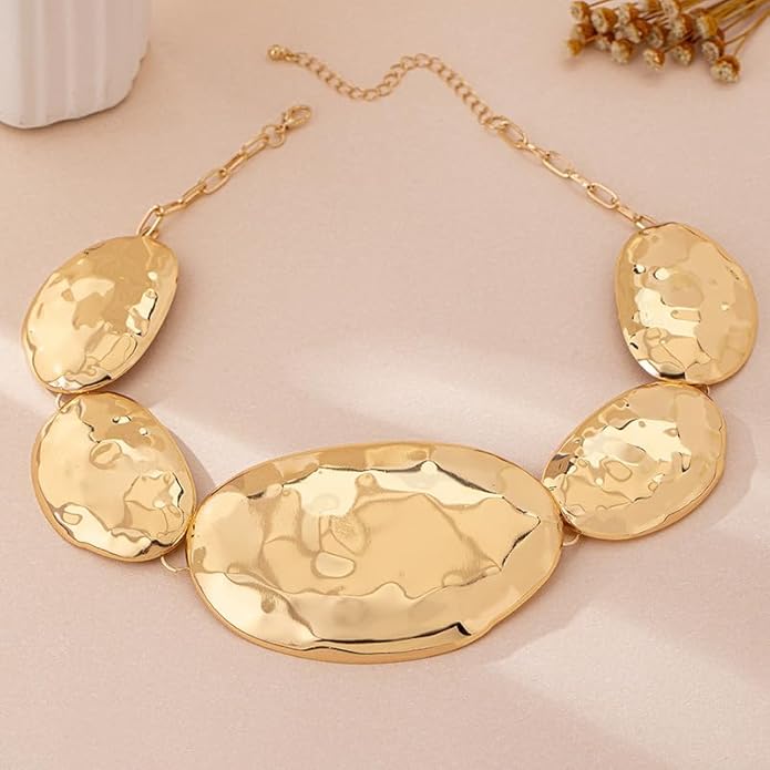 Gold Statement Necklace and Earring Set,Hammered Long Big Pendant Chunky Necklaces and Earrings Extra Large Long Accessories for Women Trendy Jewelry Set Gifts