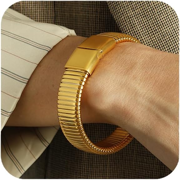 MISS RIGHT Gold Chunky Stretch Snake Chain Bangle Bracelets Stack for Women Trendy, 18K Gold Filled Stainless Steel Stretchy Womens Stackable Wristband Bangles Bracelet Set