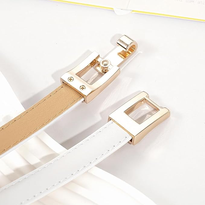 Glamorstar Skinny Belts for Women Thin PU Leather Waist Belt with Gold Buckle for Dresses