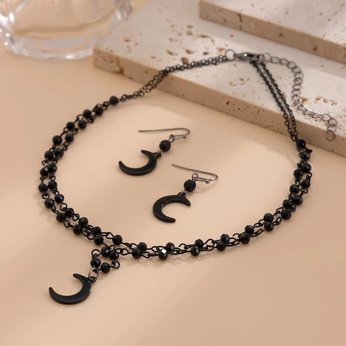 Vintage Black Beaded Choker Necklace Earring Set for Women,Gothic Dark Moon Statement Dangling Earring,Trendy Halloween Party Vampire Jewelry Accessories Gifts