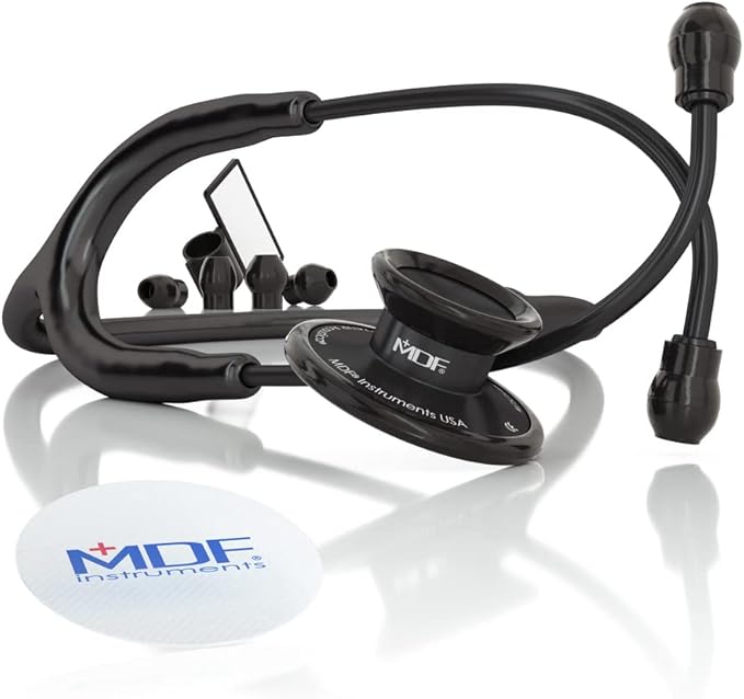 MDF Instruments, Engravable - Acoustica Lightweight Custom Stethoscope for Doctors, Nurses, Students, Home Health Use, Adult, Dual Head, Black Tube, Black Chestpiece-Headset, MDF747XPBO-ENGRAVING