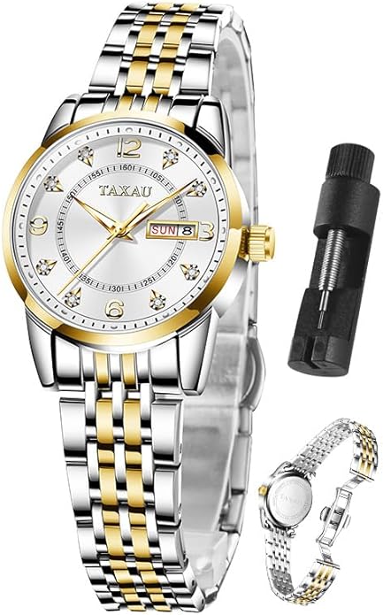 Gold Silver Two Tone Women Stainless Steel Watch Small Wrist ElegantDress Watch for Women Fashion Luxury Waterproof Day Date Analog Quartz Ladies Watches
