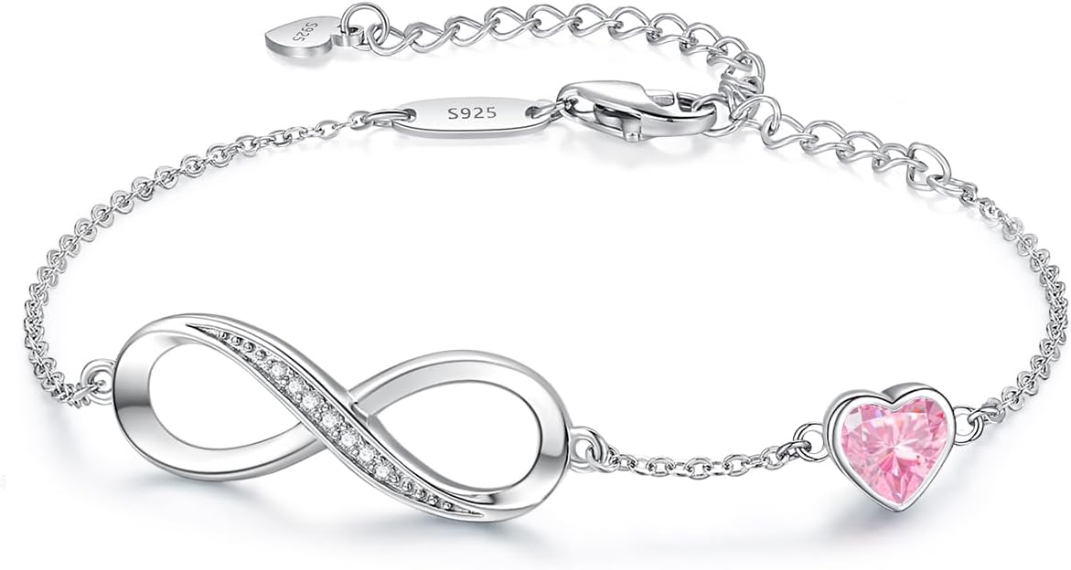 CDE Infinity Heart Birthstone Charm Link Bracelet for Women 925 Sterling Silver Adjustable Mother's Day Christmas Day Gift Anniversary Birthday Jewelry for Wife Girlfriend Her