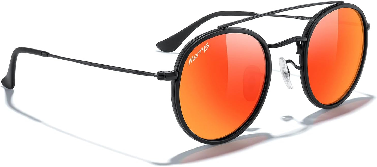 MERRY'S Retro Round Polarized Sunglasses - Unisex Double Bridge Sun Glasses