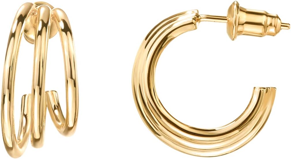 PAVOI 14K Gold Plated Multi Huggie Hoop Earrings for Women - 925 Sterling Silver Posts Triple Split Hoop Gold Earrings for Women - Trendy Fashion Jewelry