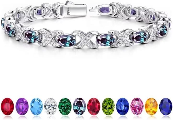 Iefil Oval Birthstone Tennis Bracelets for Women Wife, Unique X O Design Fine Jewelry Valentine's Day Gift Anniversary Birthday Gift 925 Sterling Silver Birthstone Jewelry for Mom Girlfriend Her