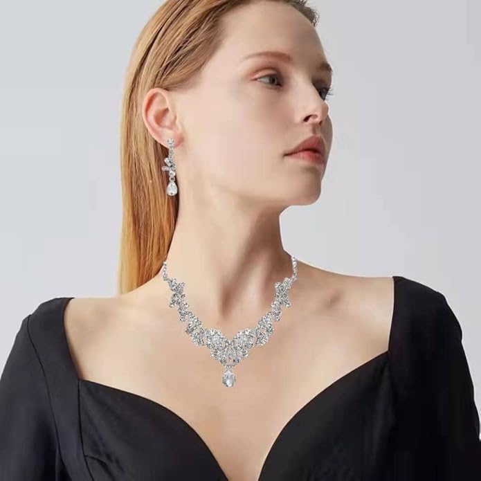 Jewelry Set for Women, Statement Necklace Dangle Earrings Bracelet Ring, White/KC Gold Plated Jewelry Set with Rhinestone Pearl Crystal Wedding Party Jewelry for Bridal Bridesmaid