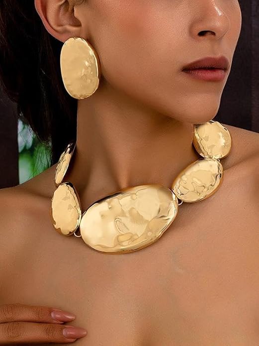 Gold Statement Necklace and Earring Set,Hammered Long Big Pendant Chunky Necklaces and Earrings Extra Large Long Accessories for Women Trendy Jewelry Set Gifts