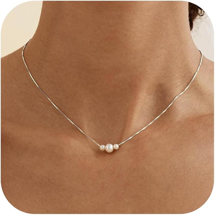 Valentines Day Gifts for Her - 14K Gold Plated Pearl Necklaces for Women Trendy Dainty Necklace Simple Layered Pearl Necklaces for Women Trendy Wedding Birthday Valentines Jewelry