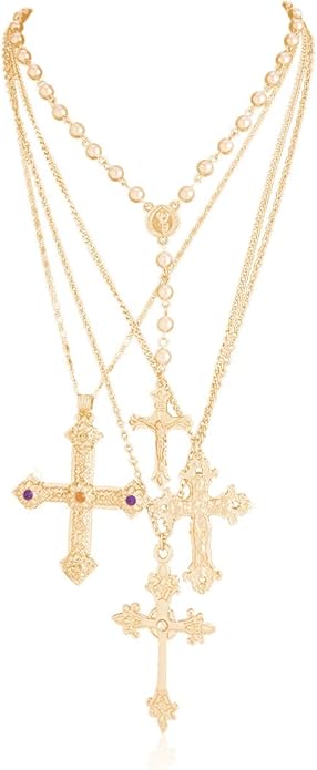 Gold Color Cross Pendant Necklace Set for Women,Dainty Big Crystal Cross Imitation pearl Layered Chain Necklace Summer Party Jewelry