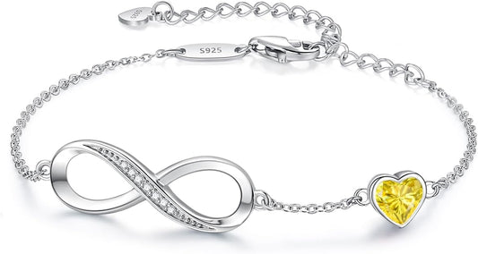 CDE Infinity Heart Birthstone Charm Link Bracelet for Women 925 Sterling Silver Adjustable Mother's Day Christmas Day Gift Anniversary Birthday Jewelry for Wife Girlfriend Her