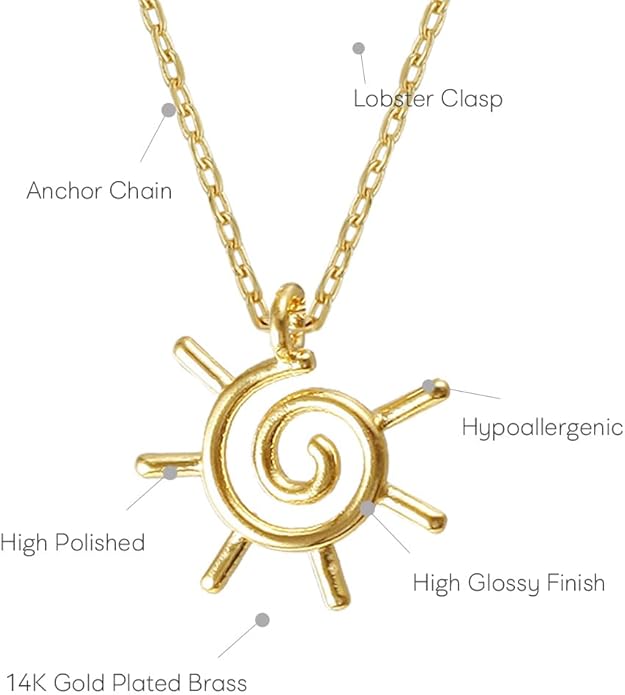 Minimalist Sun Pendant Necklace – MUSTHAVE 18K Gold Plated Open Line Sun Necklace, Spiral Sun Symbol in Silver, Dainty Chain Jewelry for Women, Gift for Nature Lovers, 16+2 inch Extender, Message Card, Birthday, BFF, Unisex (Yellow Gold)