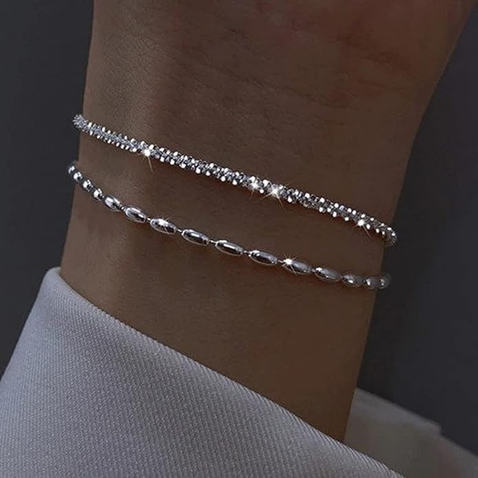 MIDEEO Bracelets for Women Dainty Layered Herringbone Twisted Rope Chain Bracelets Set Layering Dot CZ Leave Beaded Bracelets Dainty Cubic Zirconia Tennis Chain Bracelet Jewelry Gifts