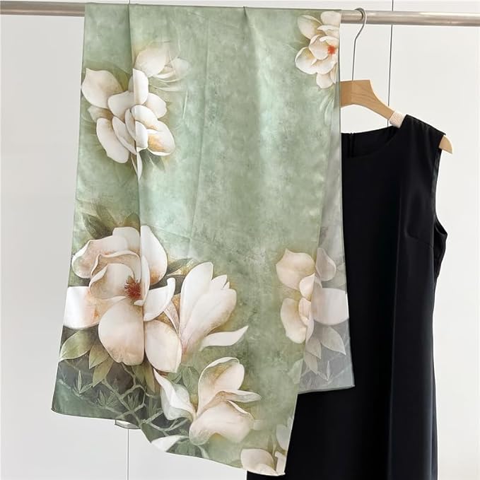 100% Mulberry Silk Scarfs for Women Floral Print Satin Long Scarf for Headscarf Hair Wraps Shawl with Gift Packed
