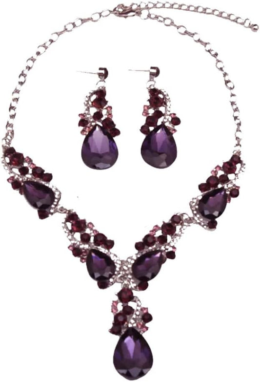 Secret for Longevity Silver Tone Antique Style Art Deco Dark Purple Eggplant Amethyst Rhinestone Statement Wedding Bridal Prom Chunky Statement Earrings Necklace Gift Set