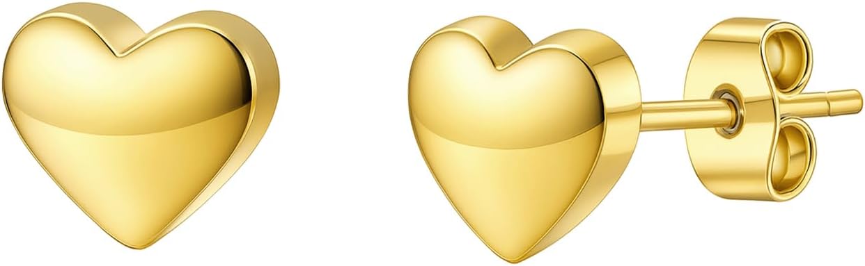 Zeffy Hypoallergenic 925 Sterling Silver/14K Gold Plated Stud Earrings, Dainty Simple Heart Earrings for Women Girls