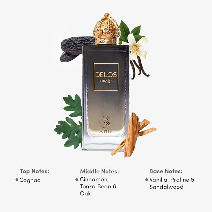 ARIF Delos Perfumes – Premium Woody Oriental Eau de Parfum for Men & Women – Cognac, Oak, Tonka Bean, Vanilla, Praline, Sandalwood – Long-Lasting Unisex Fragrance – 3.4 oz
