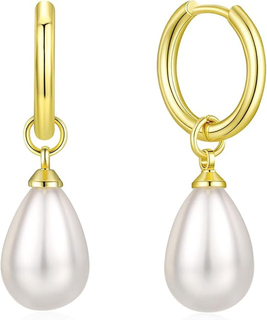 14k Gold Plated Lightweight Pearl Earrings,Trendy Jewelry,Teardrop Hoop Earrings for Women,Pearl Drop Earrings,Elegant Jewelry for Gifts