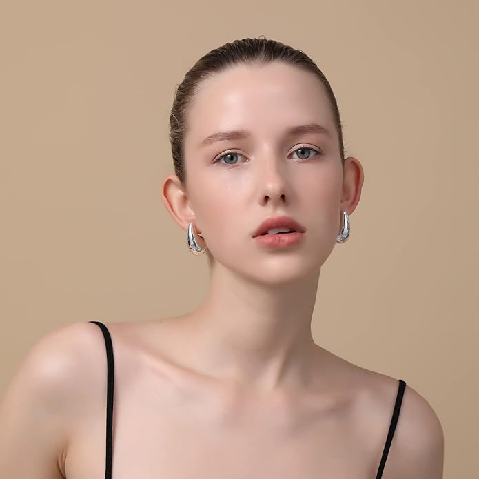 Apsvo Chunky 14K Gold Plated Hoop Earrings for Women, Lightweight Waterdrop Hollow Open Hoops, Hypoallergenic Dupes Earrings