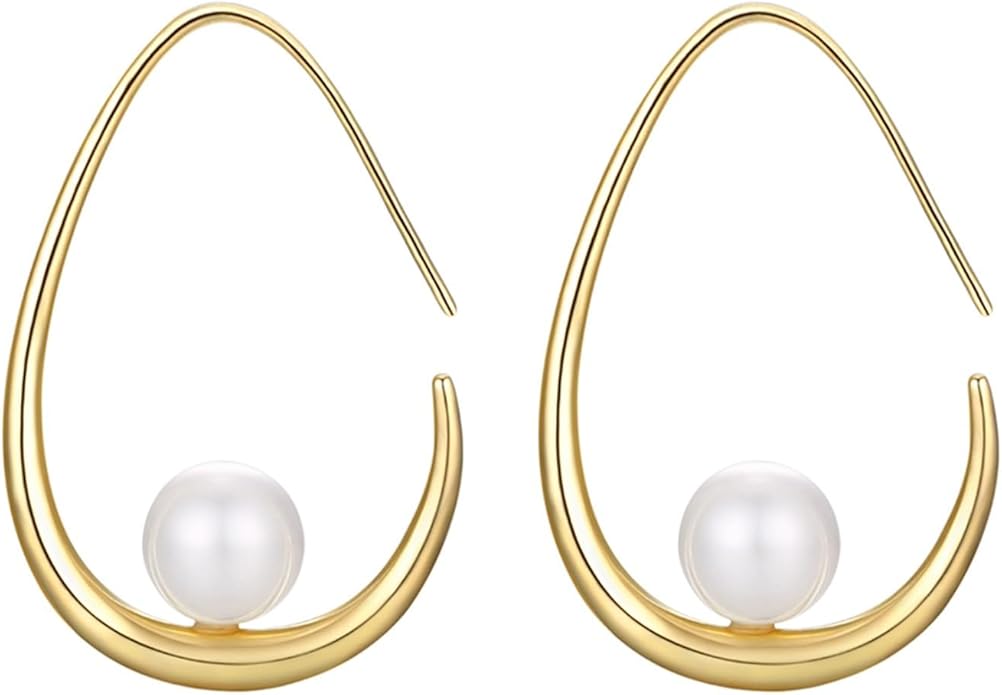 14k Gold Plated Lightweight Pearl Earrings,Trendy Jewelry,Teardrop Hoop Earrings for Women,Pearl Drop Earrings,Elegant Jewelry for Gifts