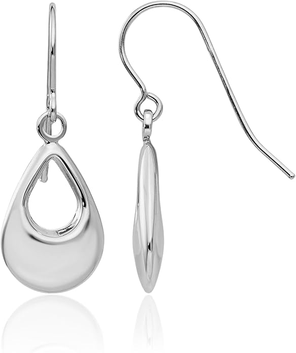 14K White Gold Teardrop Dangle Earrings for Women Drop Polished Semi Solid French Wire Gift Jewelry 24mm Long Rhodium Plating Classic Minimalist
