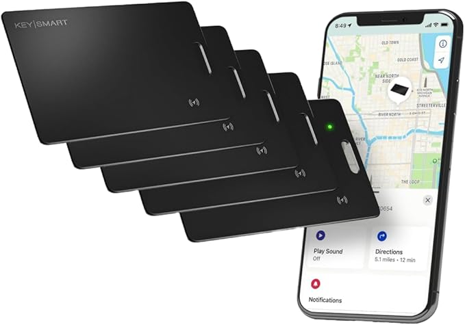 KeySmart MFI-Certified SmartCard Wallet Tracker Card, Compatible with Apple Find My App, Rechargeable Thin GPS Item Finder for Luggage Tag, Smart Bluetooth Tracking with Key Chain Hole Black, 5 Pack