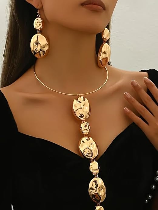 Gold Statement Necklace and Earring Set,Hammered Long Big Pendant Chunky Necklaces and Earrings Extra Large Long Accessories for Women Trendy Jewelry Set Gifts