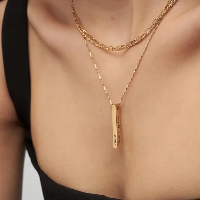 OAK & LUNA - Personalized Pillar Bar Necklace with Diamond Options - Custom Inscription Engraved Pendant - Up to 4 Names - Jewelry Gift for Women, Her, Mother For Mother's Day, Christmas