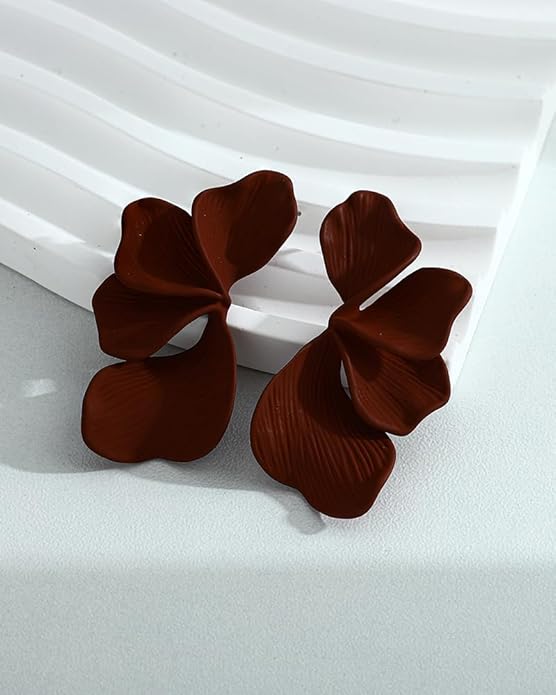 Flower Earrings For Women Large Brown and Wine Red Painted Floral Dangle Statement Earring Chunky Burgundy Fall Earrigs Gift
