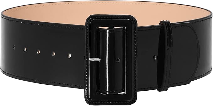 Wide Patent Leather Cinch Belt - Fashion Square Buckle Waist Belt for Dresses and Coats