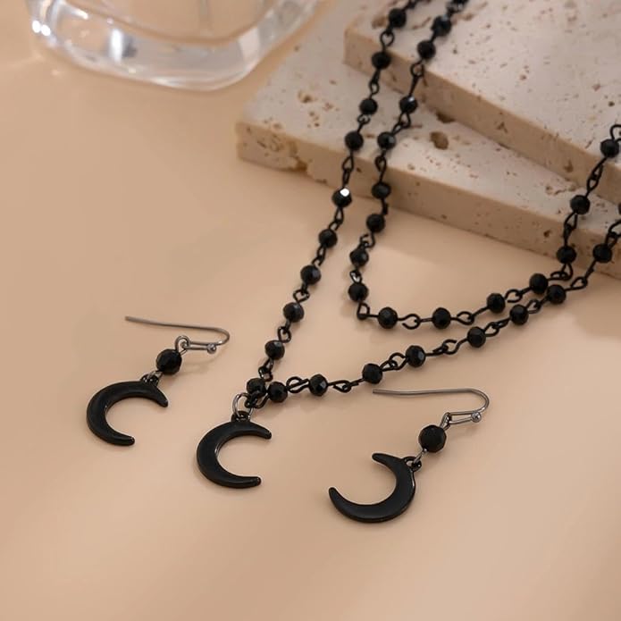 Vintage Black Beaded Choker Necklace Earring Set for Women,Gothic Dark Moon Statement Dangling Earring,Trendy Halloween Party Vampire Jewelry Accessories Gifts