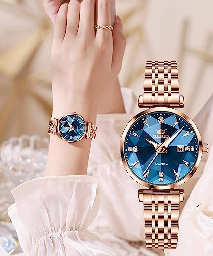 OLEVS Women Watches Simple Dress Ladies Watch Rose Gold Stainless Steel Watch Waterproof Quartz Date Luxury Diamond Small Wristwatch Fashion Analog Female Reloj Mujer Blue White Green Red Yellow Face