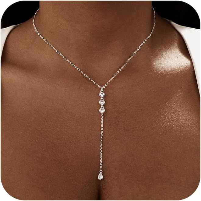 Long Gold Necklace for Women Trendy, Dainty Layered Lariat Necklace 14k Gold Plated Silver Y Shaped Beaded Chain Non Tarnish Drop Necklaces Simple Adjustable Jewelry Gift