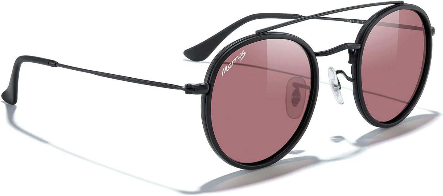 MERRY'S Retro Round Polarized Sunglasses - Unisex Double Bridge Sun Glasses