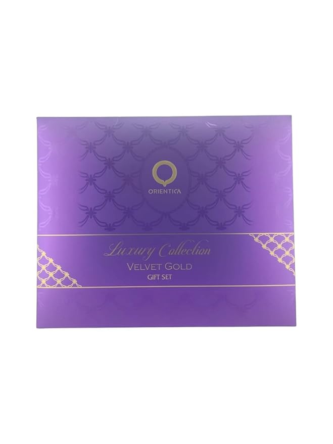 ORIENTICA Velvet Gold 4-Piece Gift Set Eau De Parfum - Vanilla, Bergamot, Gourmand, Caramel, Violet, Patchouli, Rose, Musk - Arabic Perfume for Men & Women - 2.7 Fl Oz + 0.33 Fl Oz + Atomizer + Bag