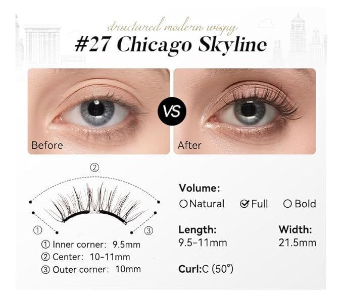 WOSADO Magnetic Eyelashes with Applicator Kit, [V27 Chicago Skyline] Reusable Magnetic Lashes without Eyeliner, Glue-free False Lashes, Waterproof, Lightweight, Suit for Natural Makeup