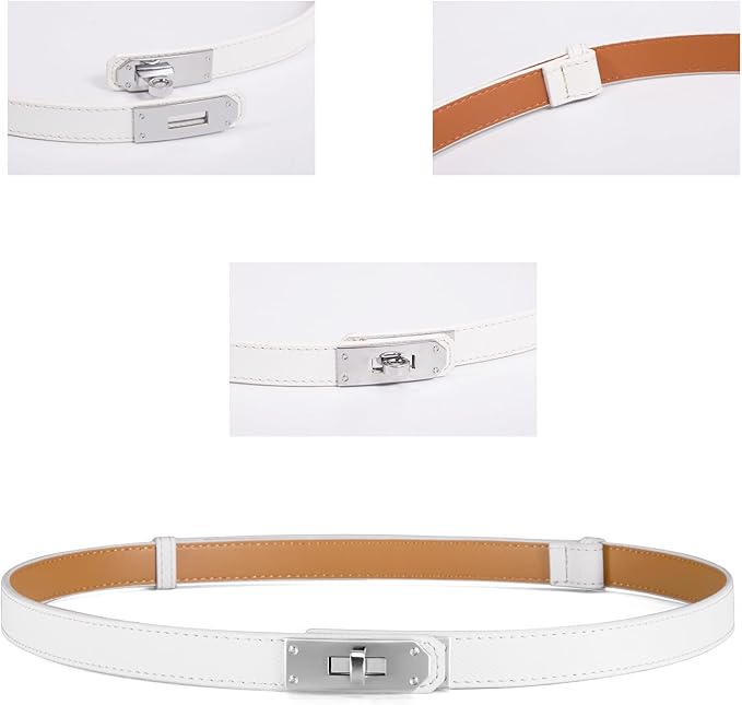 Skinny Leather Belts for Women with Adjustable Silver Turn-Lock Buckle for Dresses Jeans and Pants