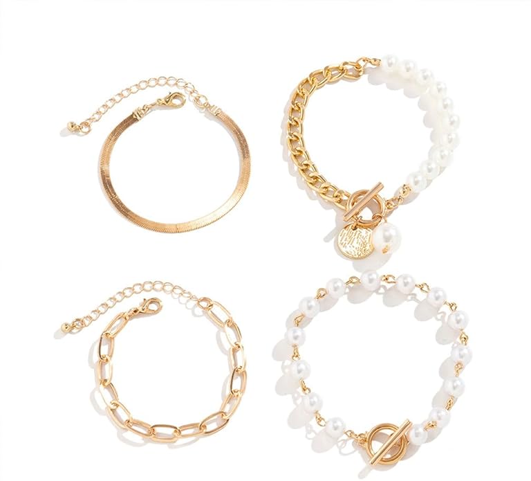 14K Gold OT Buckle Coin Pearl Paperclip Stacked Bracelet Set for Women, Statement Snake Pearl Paper Clip Bracelets Stack Dainty Prom Party Jewelry Gift