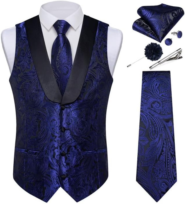 DiBanGu Mens Paisley Suit Vest Silk Jacquard Waistcoat and Necktie Set Formal Shawl Collar Dress Vest 7PCS for Wedding Party