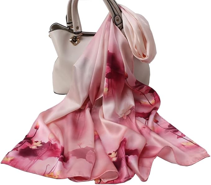 100% Mulberry Silk Scarfs for Women Floral Print Satin Long Scarf for Headscarf Hair Wraps Shawl with Gift Packed