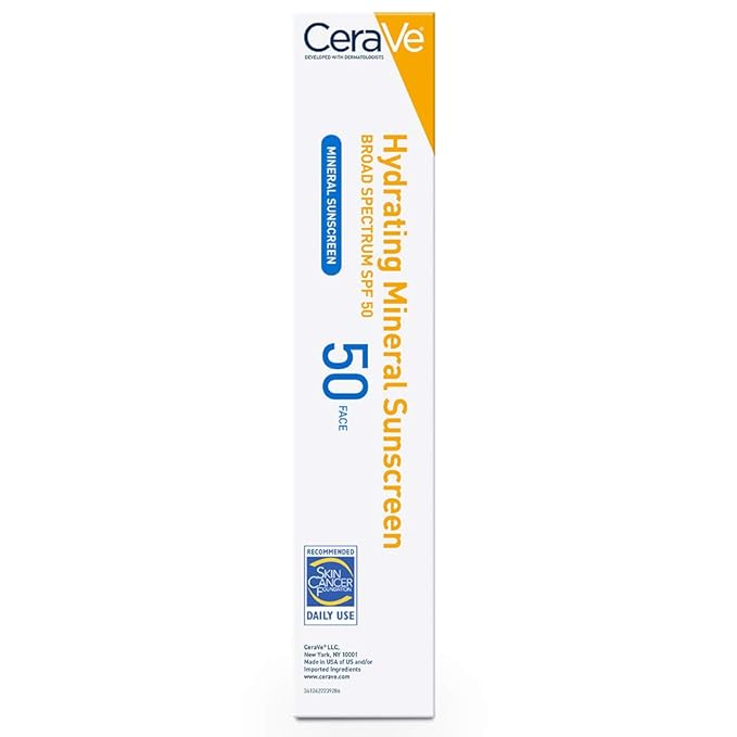 CeraVe 100% Mineral Sunscreen SPF 50, Face sunscreen With Zinc Oxide & Titanium Dioxide, Hyaluronic Acid + Niacinamide + Ceramides, Oil Free, Travel Size 2.5 oz