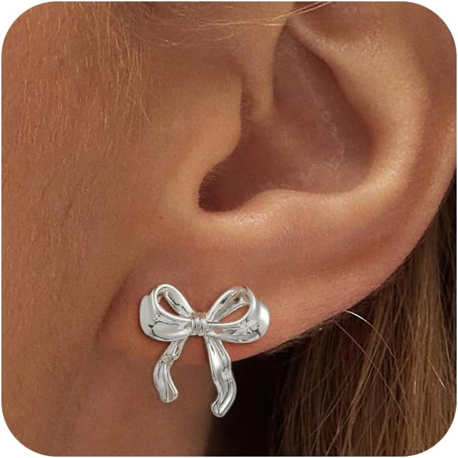 ASCOMY Gold Stud Earrings for Women - Dainty Bow 14K Gold/Silver Plated Pearl Earrings - Trendy Cute Ribbon Minimalist Jewelry Gifts for Her