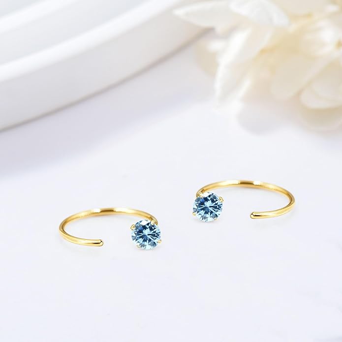 14K Gold Birthstone Huggie Half Hoop Earrings for Women,Round-cut Created Gemstone Minimalist Tiny Earring(4MM*2) Anniversary Birthday Mother's Day Jewelry for Mom Her