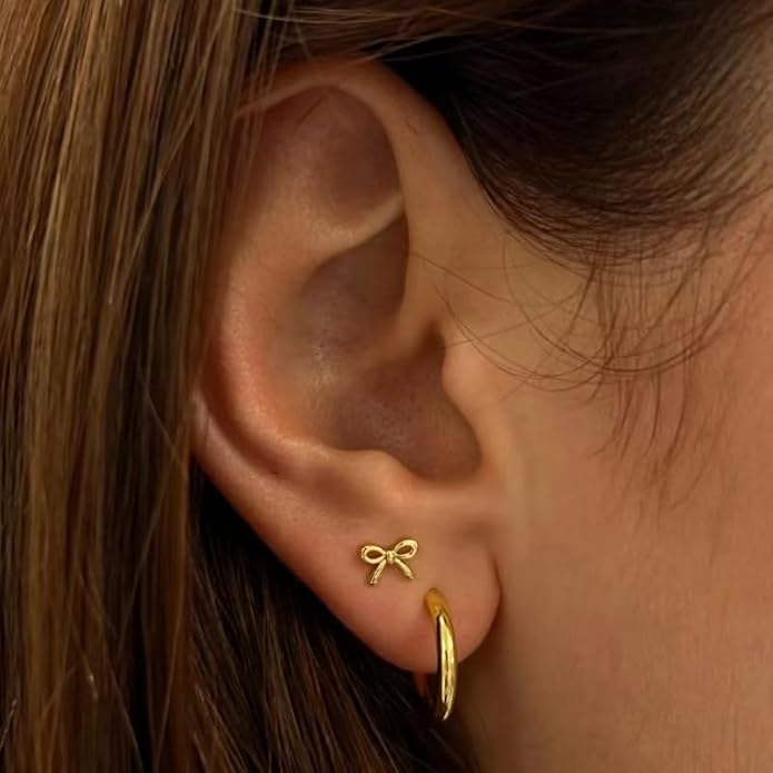 ASCOMY Gold Stud Earrings for Women - Dainty Bow 14K Gold/Silver Plated Pearl Earrings - Trendy Cute Ribbon Minimalist Jewelry Gifts for Her