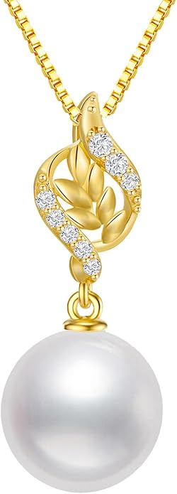 14k Gold Diamond Leaves Pearl Pendant and Sterling Silver Box Chain Necklace for Women, Jewelry Gifts for Her, 18-20 Inches