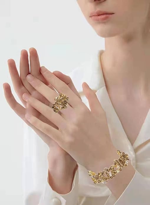 Jewelry Set for Women, Statement Necklace Dangle Earrings Bracelet Ring, White/KC Gold Plated Jewelry Set with Rhinestone Pearl Crystal Wedding Party Jewelry for Bridal Bridesmaid