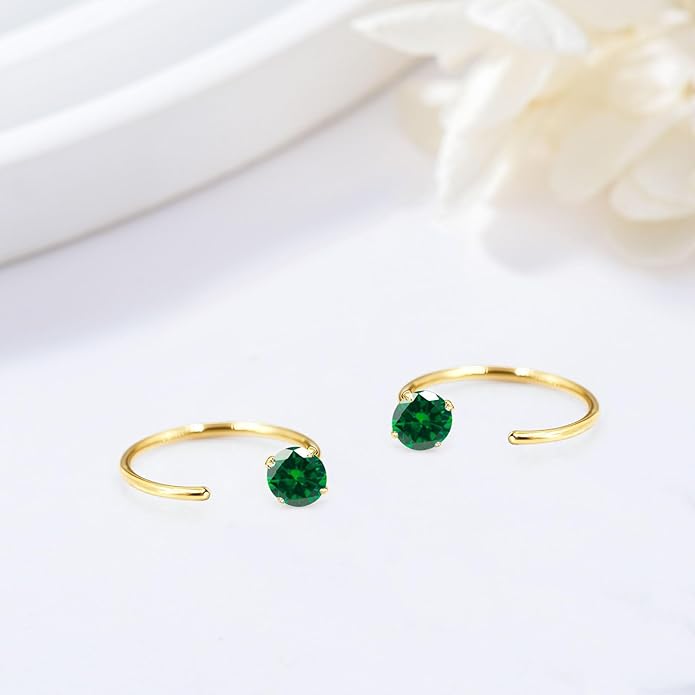 14K Gold Birthstone Huggie Half Hoop Earrings for Women,Round-cut Created Gemstone Minimalist Tiny Earring(4MM*2) Anniversary Birthday Mother's Day Jewelry for Mom Her